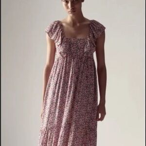 EUC ZARA Pink Red Blue Floral Ditsy Ruffle Frill Sleeve Midi Summer Dress Size S